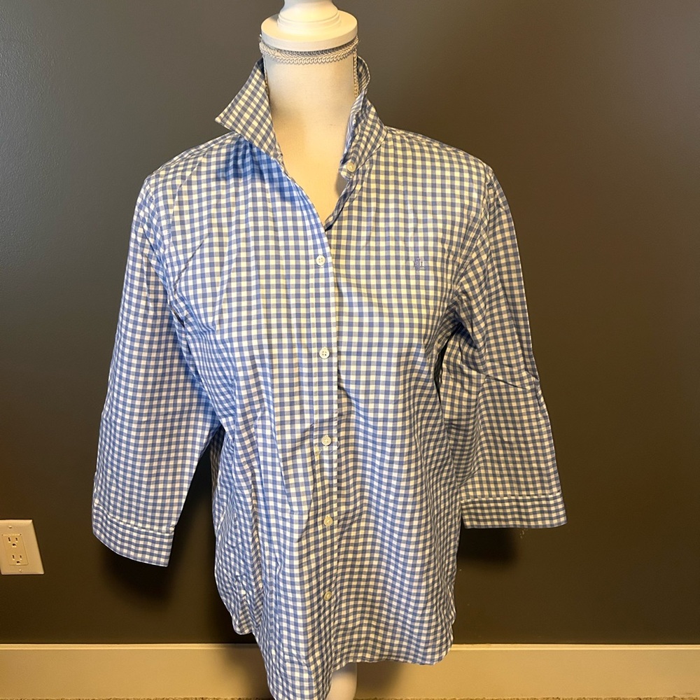 Ralph Lauren White, and blue check blouse size large.